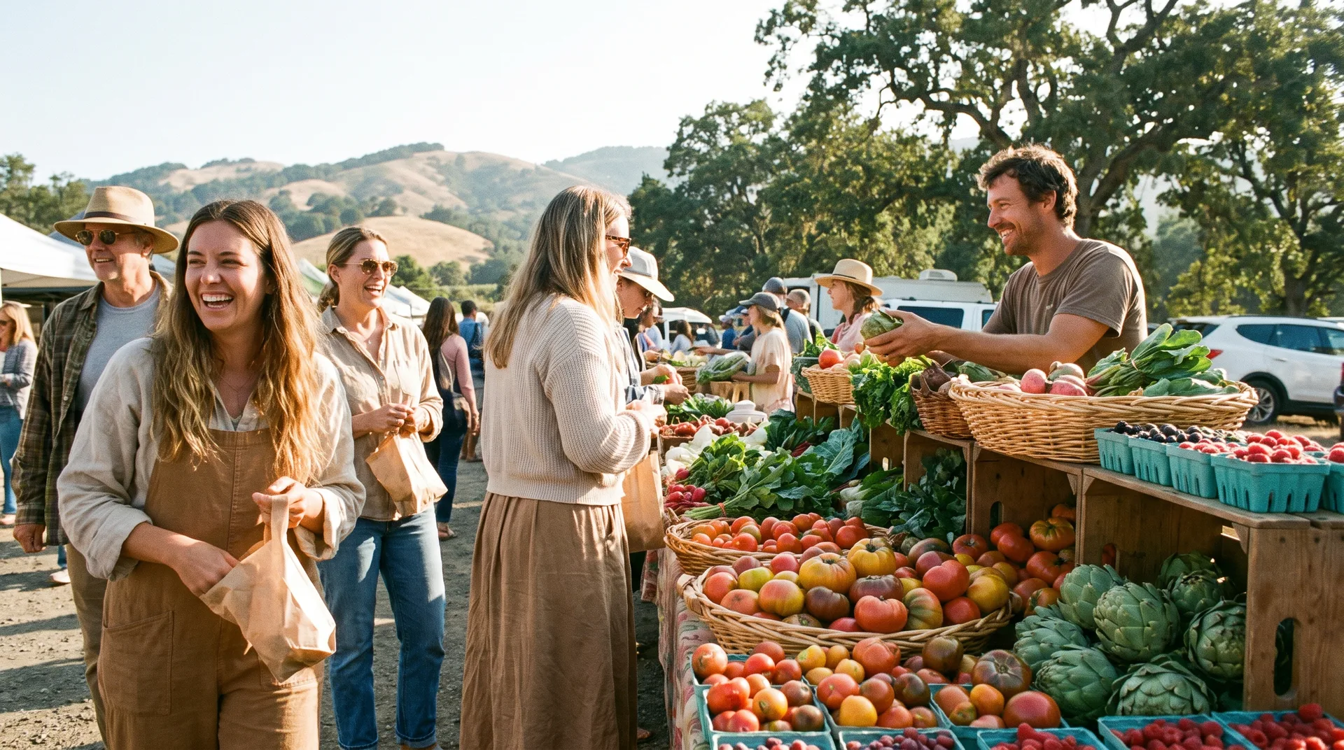Baskets of fresh produce at a Northern California farmers market in morning light.
