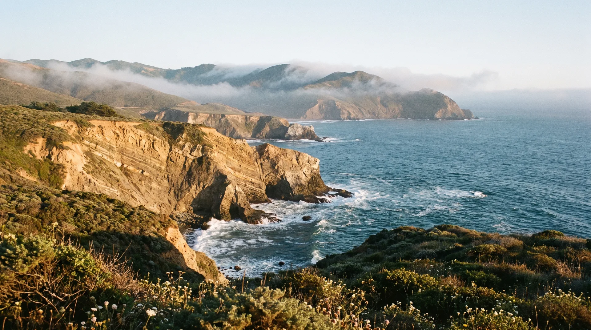 Rugged Marin headlands sea cliffs meeting the Pacific at golden hour.