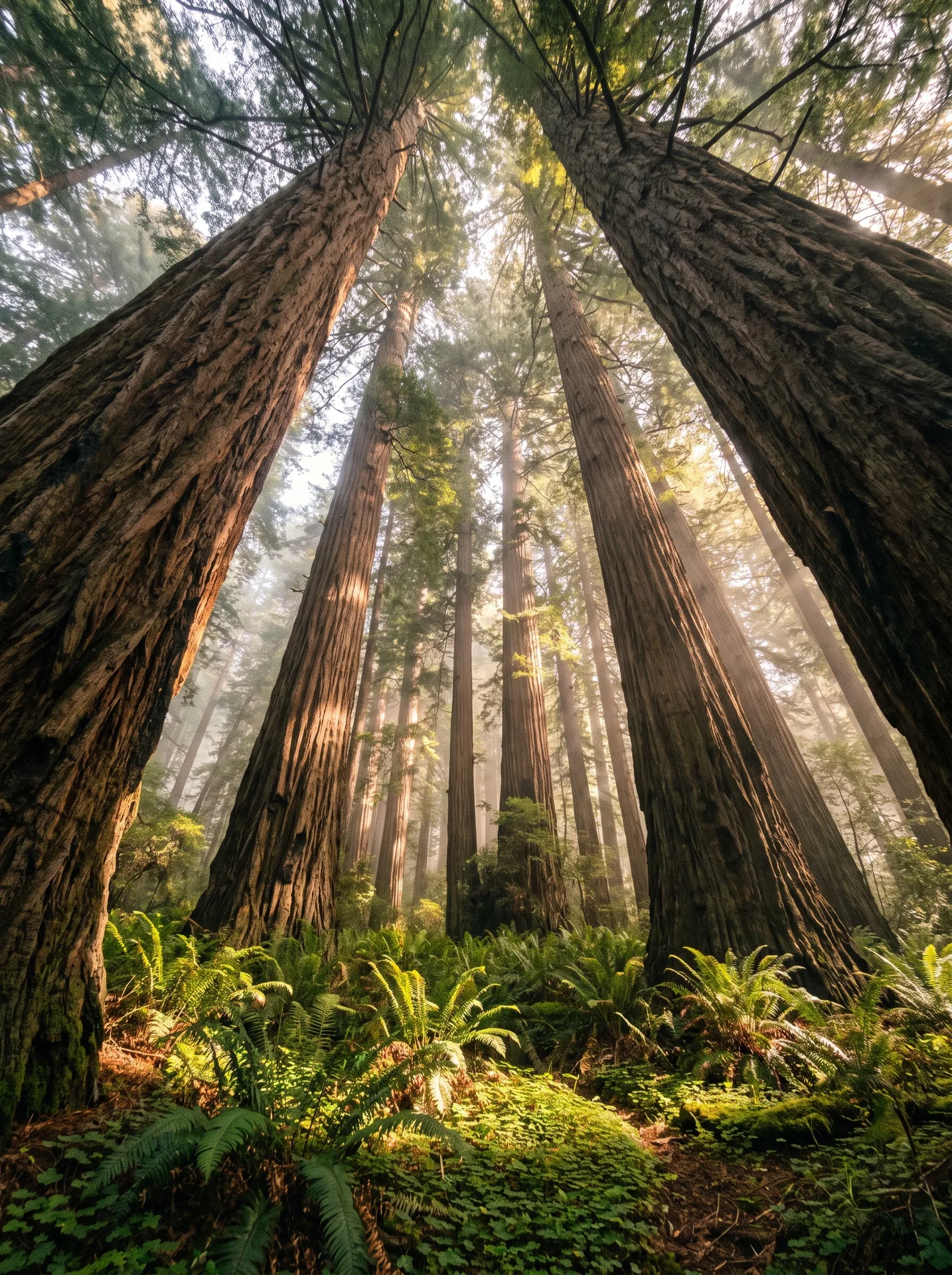 Old-growth coast redwoods rising into dappled light.