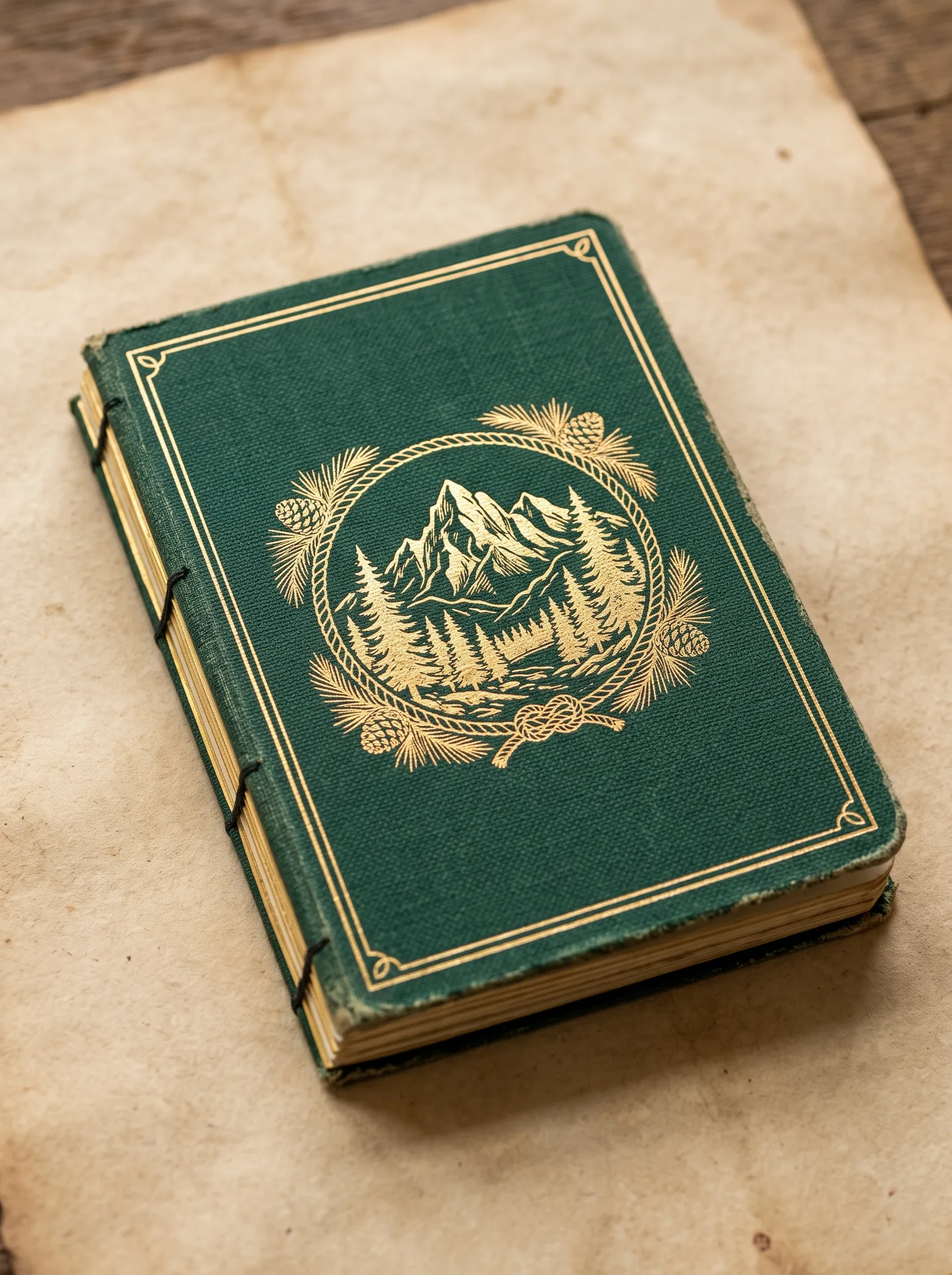A forest-green Muirist Passport keepsake card with a gold mountain emblem.
