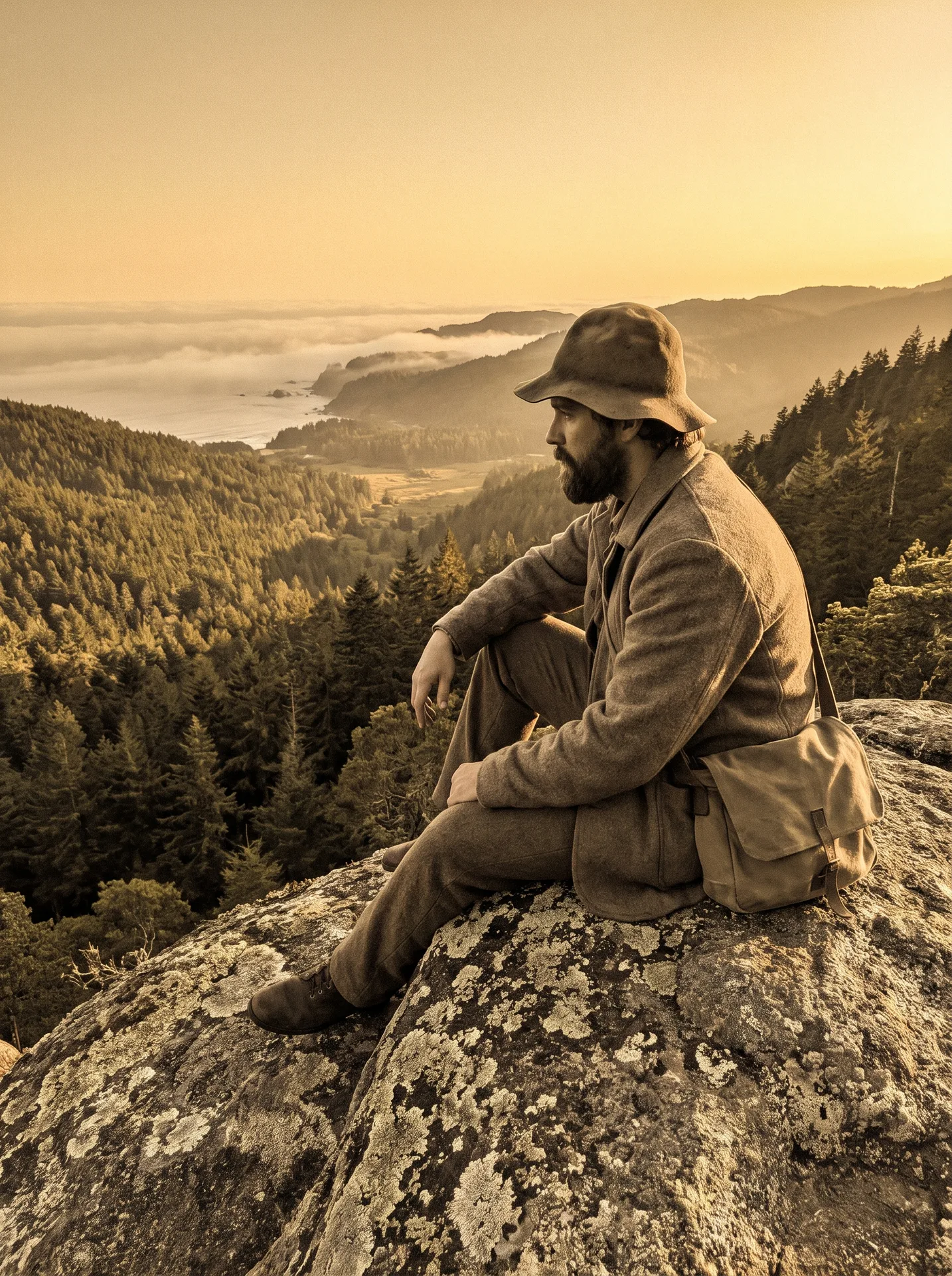 A figure in the spirit of John Muir seated on a cliff edge overlooking a vast coastal valley at golden hour.