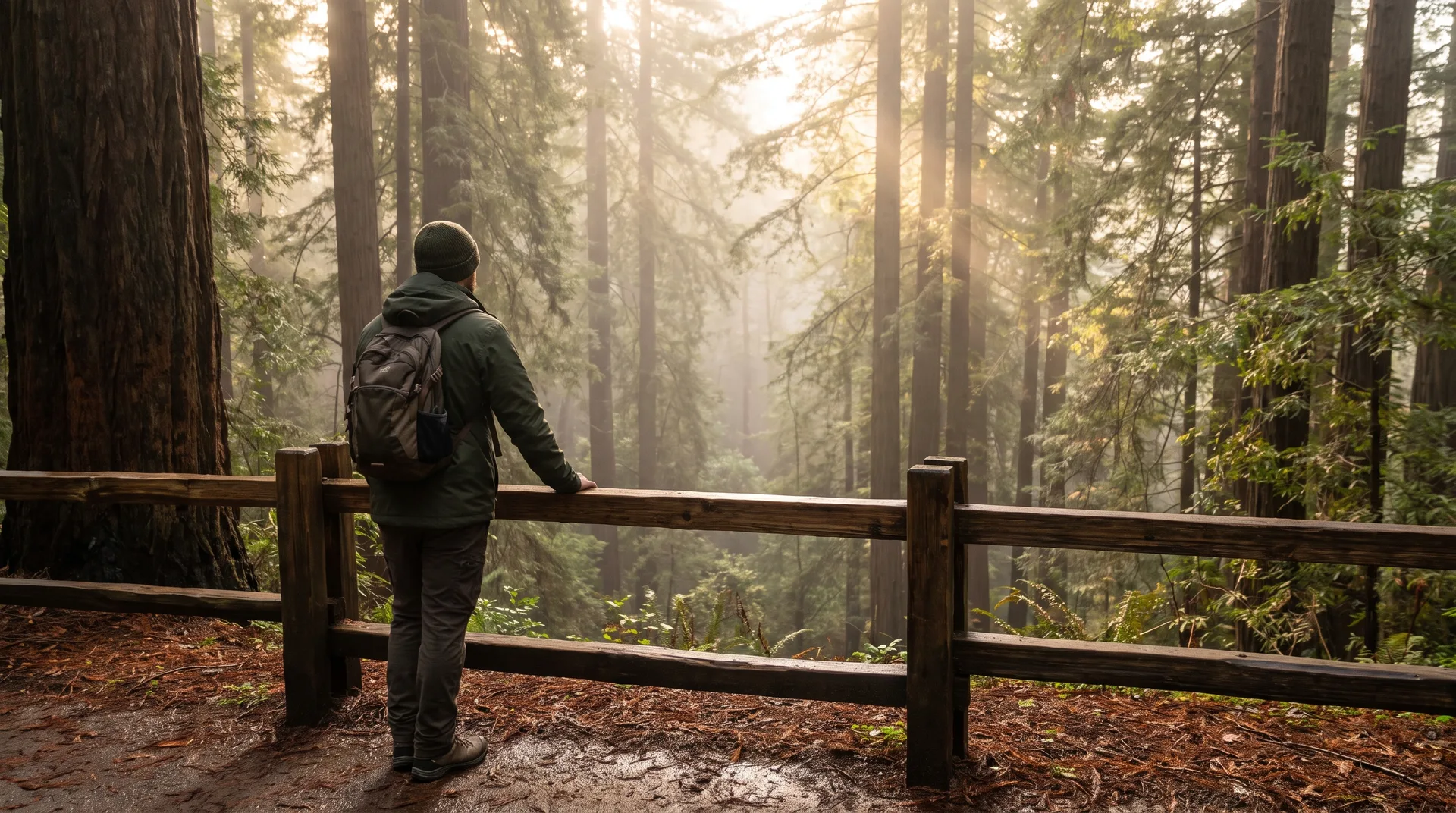 A lone hiker at a wooden railing overlooking a misty redwood valley in Muir Woods.