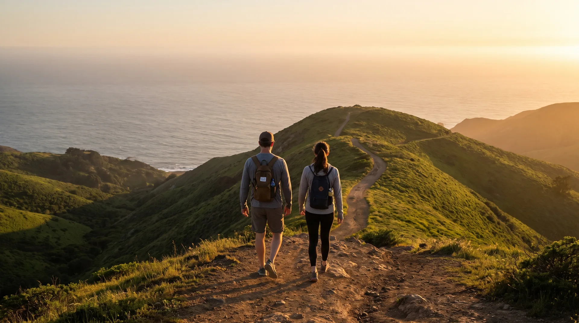 Two hikers walking a coastal ridge trail at sunset.